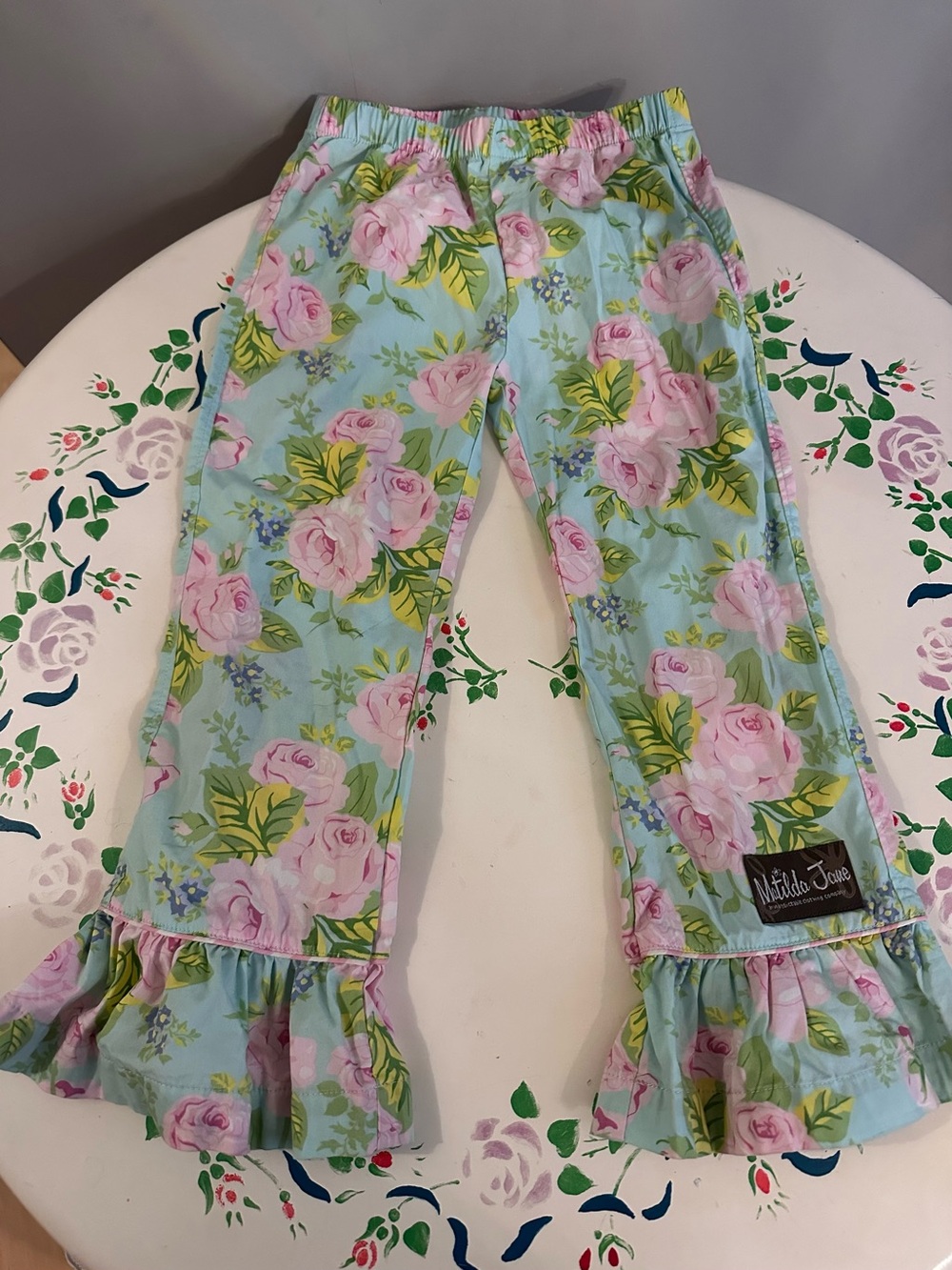 Matilda Jane size 4 aqua blue Floral Ruffle Pajama Bottoms with Pink Roses
